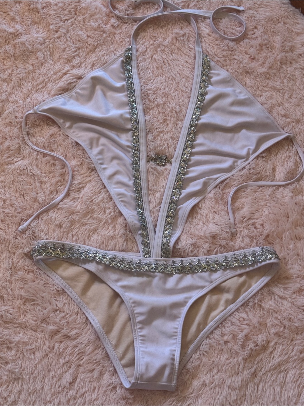 White Embellished Plunge One-Piece Swimsuit